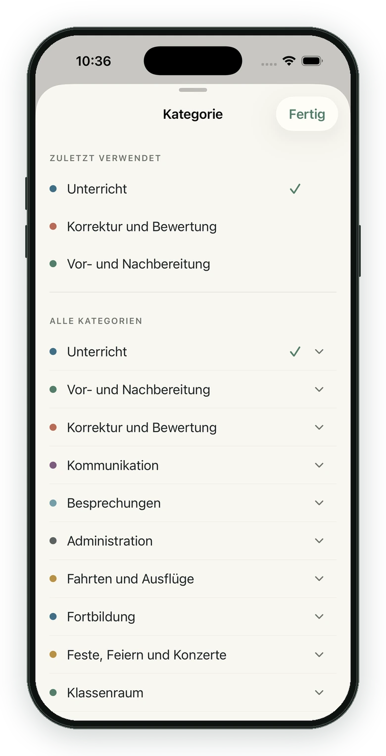 ZeitStift: categories for different teaching activities.
