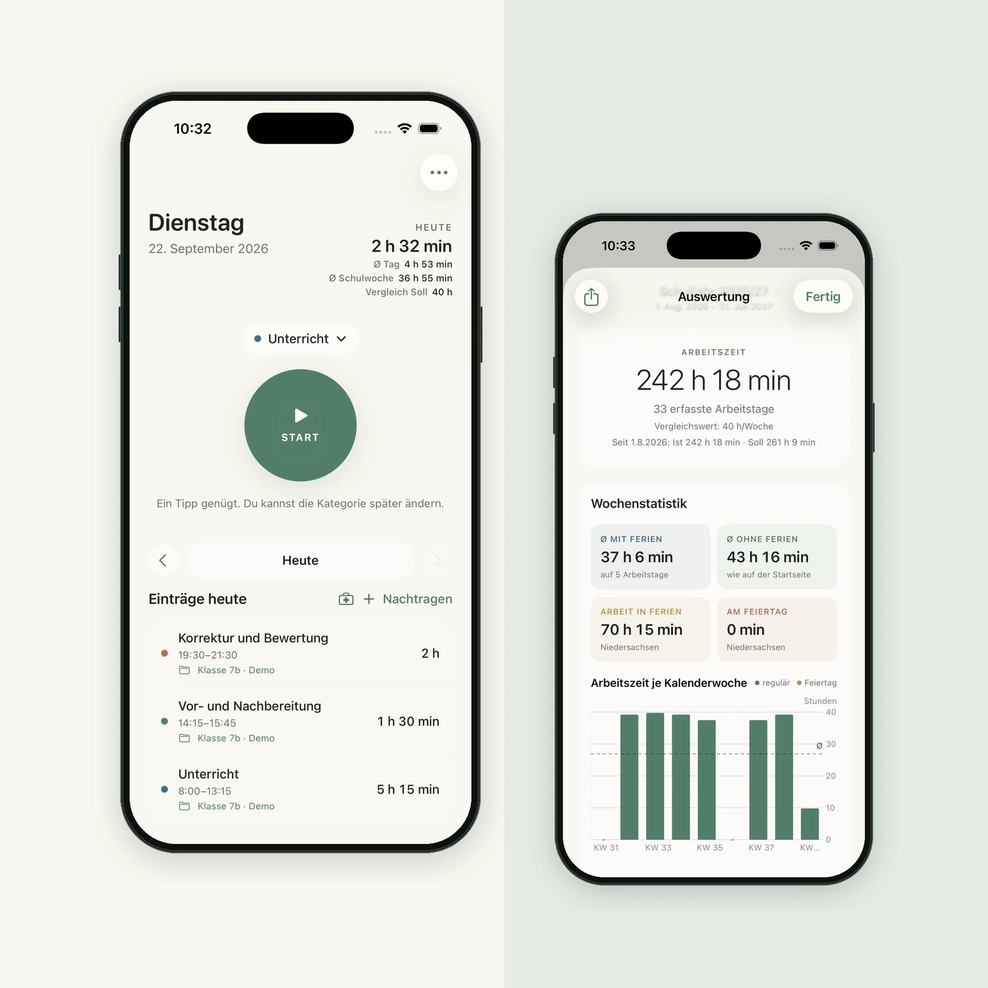 ZeitStift: daily time tracking and weekly statistics on iPhone.