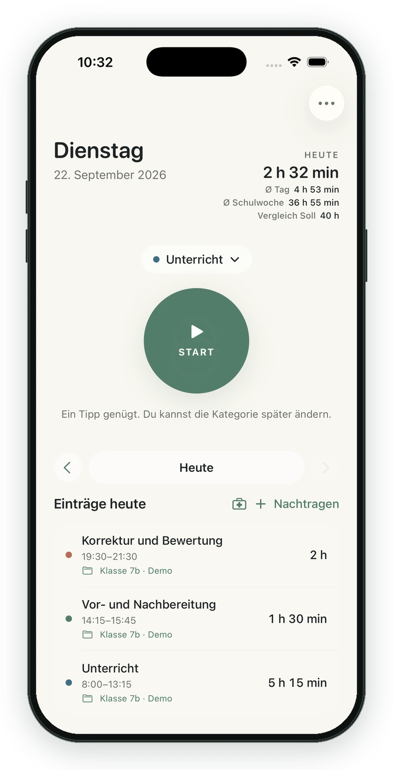 ZeitStift: time tracking and the day’s entries.